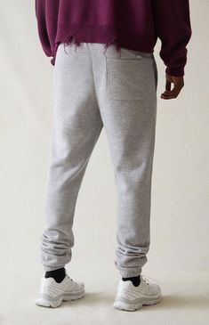 Sit back and relax in PacSun's new Gray Sweatpants. These comfortable sweatpants are complete with a soft fleece lining, side hand pockets, a drawstring waistband, and elastic ankle cuffs.


	30" inseam
	Soft fleece lining
	Side hand pockets
	Drawstring waistband
	Elastic ankle cuffs
	Single back pocket
	PacSun woven label
	Stretchy
	60% cotton, 40% polyester
	Machine washable
	Model is wearing a size medium Gray Sweatpants, Grey Sweatpants, Woven Label, Ankle Cuffs, Drawstring Waistband, Pacsun, Sweatpants, Size Medium, Elastic