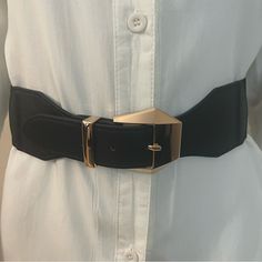 Black Pu Leather Gold Tone Buckle Elastic Waistband Belt Color: Black, Gold Tone Material: 50% Polyurethane, 50% Elastic Please Notice: White Shirt Is Not Included, Listing Is For The Belt Only. Warning: P65 (See Last Picture) All Measurements Are Approximate And Taken Laying Flat: Length: 31 Inches Length To Last Belt Hole: 28 1/2 Inches Width : 2 1/2 Inches Tags For Exposure: Black Belt Waist Belt Wide Wide Belt Western Statement Belt Chunky Black Gold Chunky Location: Tote: #7 Belt Western, Statement Belt, Wide Belt, Fit N Flare Dress, Boho Chic Fashion, Black Belt, Waist Belt, Belts For Women, White Shirt