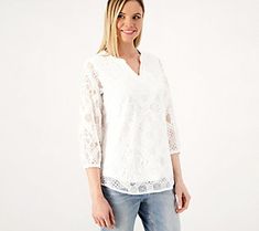 Arrive in style to all your springtime soirees in this pretty pullover blouse. Sheer lace sleeves are a delicate detail that take this design to the next level. Feminine V-neck Tops With Lace Sleeves, Spring V-neck Blouse With Lace Sleeves, Spring Tops With Long Lace Sleeves, Spring Long Sleeve Lace Top For Layering, Spring Lace Patchwork Tops, Spring Lace Blouse With Lace Trim, Feminine Spring Lace Top, Elegant Lace Tops For Spring, Spring Long Sleeve Blouse With Lace Sleeves