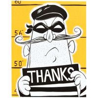 a man with a mustache and moustache holding a sign that says thanks