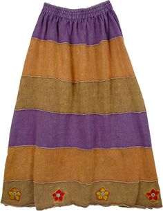 Multipanel Bohemian Cotton Skirt - A very bohemian knit cotton skirt in horizontal panels of copper, sepia skin and Voodoo purple. The panels are hemmed together. The bottom has pretty embroidered flowers in red and yellow with a mirror. The knit fabric is voluminous, and also has some stonewashed look at the waist. Good to wear in any weather specially fall and winter and will look great with boots. The skirt has elastic at waist, but no drawstring and no lining. Length: 33"; Waist: 24"-34" wit Bohemian Brown Cotton Skirt, Brown Patchwork Tiered Skirt, Bohemian Brown Patchwork Skirt, Interview Outfit Casual, Winter Hippie, Afro Punk Fashion, Boho Winter, Tie Dye Maxi Skirt, Bohemian Fall