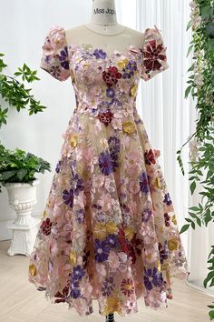 MissJophiel Short Puffy Sleeves Illusion Neckline Floral Embroidery Dress Patterned Bridesmaid, Floral Floor, Wardrobe Stand, Short Puffy Sleeves, Floral Embroidery Dress, Mob Dresses, Illusion Neckline, Puffy Sleeves, Prom Party