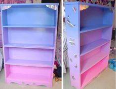 two pictures of the same bookcase with different colors and designs on each one side