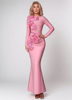 This 3D Floral Decor Long Sleeve Maxi Dress features a beautiful round neck and a flattering mermaid hem. The unique 3D floral decor adds a touch of elegance and sophistication to this dress. With its versatile long sleeves, it is perfect for any occasion. In a lovely shade of pink, this maxi dress is sure to make a statement. Fabric: Slight Stretch Material: Polyester Chic Spring Wedding Mermaid Dress, Spring Wedding Chic Mermaid Dress, Spring Evening Dress With Ruffles And Long Sleeves, Long Sleeve Evening Dress With Ruffles For Spring, Feminine Long Sleeve Evening Dress, Spring Evening Dress With Mermaid Hem, Fitted Evening Dresses With 3d Flowers, Long Sleeve Floral Applique Party Dresses, Chic Long Sleeve Pink Evening Dress