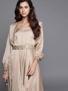 Buy smashing beige solid flared gown with attached dupatta and embroidered belt online at best price. This mind-blowing style kurta goes perfectly for upcoming festive and grand events. Long Gown Design, Embroidered Belt, Gowns Online, Green Satin, Long Gown, Embroidered Silk, Green Cotton, Cotton Silk, Full Sleeve