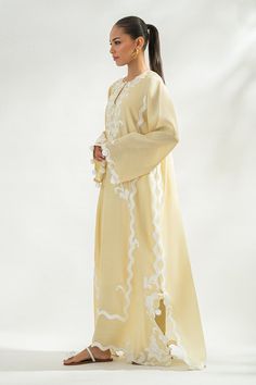 Jiya (B) Yellow Kaftan, Silk Trousers, Scalloped Edges, Floral Applique, Pale Yellow, Raw Silk, Custom Sizing, Sleeve Length, Silk