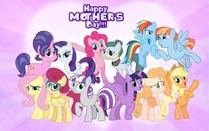 a group of little ponys standing together in front of a purple background with the words happy mother's day on it