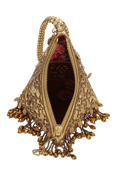 Gold triangular potli style bag embroidered with sequins and cutdana embellishments. Comes with woven handle. - Aza Fashions Potli Bag, Potli Bags, Embroidered Bag, Buy Gold, Aza Fashion, Embellishments, Leather, Gold