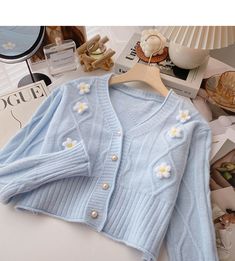 Floret three-dimensional design V-neck knitted cardigan 6475 – girlhomeshops Personalized Sweater, Baby Blue Aesthetic, V Neck Cardigan, Knitted Cardigan, Knit Outfit, Pretty Outfits, Three Dimensional, Long Sleeve Sweater, Knit Cardigan