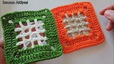 two crocheted squares that have been made to look like snowflakes