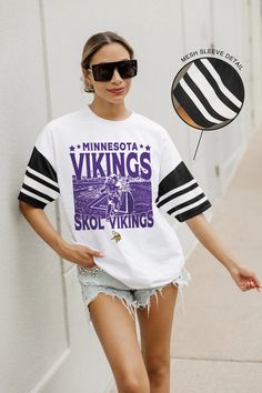 MINNESOTA VIKINGS CROWD PLEASER VINTAGE LOOK SHORT SLEEVE SPORTS STRIP – Gameday Couture - SOHO Viking Football, Gameday Couture, Sweater Tops, Look Short, Football Outfits, Long Sweater, Mesh Sleeves, Crowd Pleaser, Raglan Tee