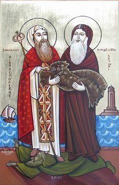 an icon with two men holding a snake in front of the ocean and a lighthouse