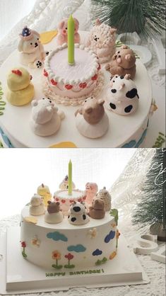 there are two pictures of a cake with animals on it