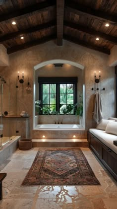 a large bathroom with a bathtub, sink and window in it's center