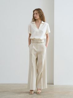 This is a trendy and feminine pants by RENEJ that is made out of high quality and sturdy material. With distinctive mood of the design and comfortable wear, you can style it for your casual daily outfit.- Light touch of linen blend fabric- Two tucks and D ring point- Unique and feminine mood High Waist Linen Wide Leg Pants For Business Casual, Business Casual High Waist Linen Wide Leg Pants, Chic Linen Bottoms For Business Casual, Chic Linen Workwear Bottoms, Loosely Fitted Linen Wide Leg Pants For Work, Chic Linen Pants For Work, Chic Linen Bottoms For Work, Modern Summer Business Casual Pants, Modern Business Casual Summer Pants