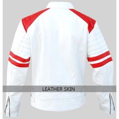 If you want to go for a posh and hip look, this trendsetting white men genuine leather jacket with red patches is the best thing for you this season. Looking at it, you will first notice the jacket's sheer style and the perfect combination of red and white. There are plenty of highlights in the jacket. Made with 100% genuine leather, the jacket comes with red shoulder patches and red pattern design on both arms. With a collarless, coat style lapel, the jacket has a side zip and stud epaulettes on the collar as well as the lapels. Moreover, there are four zipped pockets (two on each side). The Brando-style leather jacket is a must-have! At the Leather Skin Shop, our products are designed to perfection. With a meticulous eye for detail and a fusion of classic and contemporary leather jacket Names For Women, Red Jacket Leather, White Leather Jacket, Skin White, Red Patch, Black Patch, Real Leather Jacket, Leather Skin, Genuine Leather Jackets