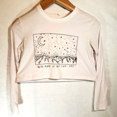 We've Made It This Far Kid, Croptop Long Sleeve Shirt. Mountain Stars Moon & Sky Fitted Tops With Star Print For Fall, White Long Sleeve Crop Top With Graphic Print, Fitted Star Print Tops For Fall, Fitted Long Sleeve Tops With Star Print, Fitted Moon Print Crew Neck Top, Fitted Moon Print Tops For Summer, Summer Graphic Print Long Sleeve Crop Top, Long Sleeve Graphic Print Crop Top For Summer, White Relaxed Fit Top With Star Print