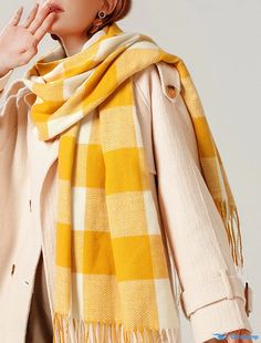 OrcaJump - Unisex Plaid Scarf Shawl Wrap - Autumn/Winter Long Thick Warm All-Match Tassel Muffler Christmas Accessories for Plaid Scarves For Cold Weather In Winter, Casual Yellow Scarf For Winter, Casual Yellow Winter Scarf, Yellow Winter Scarves, Fall Fashion Accessories, Fall Winter Style, Pattern Scarf, Christmas Accessories, Patterned Scarves