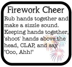 a firework cheer card with the words, rub hands together and make a sizzle sound keeping hands together shoot hands above the head, cla