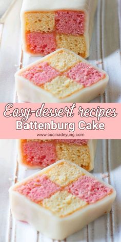 three slices of cake on top of each other with pink and yellow frosting in the middle