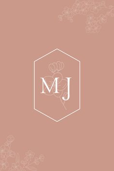 the jm logo is shown on a pink background with white flowers and leaves around it