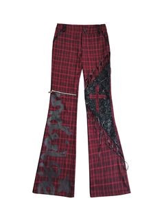 The price is for a pair of pants only, others are not included.  Garment Size   	 		 			Size 			XS 			S 			M 			L 		 		 			Full Length 			100 			101 			102 			103 		 		 			Waist 			66 			73 			77 			81 		 		 			Hips 			88 			92 			96 			100 		 		 			Thigh 			48 			49 			50 			51 Black And Red Pattern, Stitch Pants, Cutout Pants, Arcana Archive, Plaid And Leather, Leather Patchwork, Slim Fit Trousers, Red Pattern, Red And Black Plaid