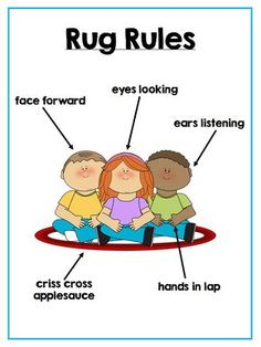 a poster with the words rug rules and pictures of children sitting on top of each other