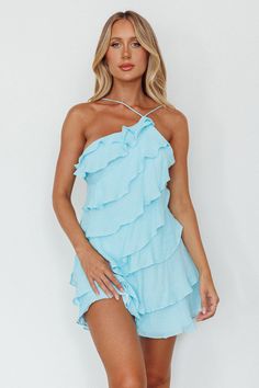 Arrabel Tiered Ruffle Mini Dress Sky Blue Layered Homecoming Dresses, Loveshackfancy Short Dress, Short Unique Dresses, Loose Hoco Dress, Greek Hoco Dresses, Blue Beachy Dress, Light Blue Dress Mini, Hoco Dresses Ruffle, Ruffle Homecoming Dresses