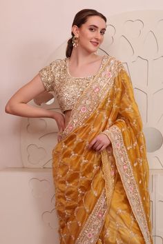 Yellow organza saree with floral, thread and sequins hand embroidery. Comes with a padded blouse. - Aza Fashions Yellow Organza Saree, Hand Work Saree, Padded Blouse, Blouse For Women, Organza Saree, Work Sarees, Saree With Blouse, Hand Work, Aza Fashion