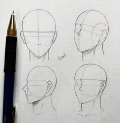 three different views of the head and neck of a person's head, with a pen