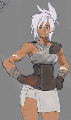 an anime character with white hair and black gloves, standing in front of a gray background