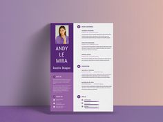 a purple and white resume template on a pink and purple background with the words andy le mirra above it