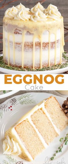 an eggnog cake with white frosting and pine cones on the top is shown