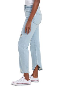 Ripped knees add an edgy, lived-in look to light-wash boyfriend jeans made with a high, gap-proof waistband that contours to your curves. 26 1/2" inseam; 13" leg opening; 12" front rise; 14 1/2" back rise (size 8) Zip fly with button closure Five-pocket style 92% cotton, 6% polyester, 2% elastane Machine wash, tumble dry Made in Turkey Black Owned/Founded Edgy Light Wash Jeans With Frayed Hem, Trendy Spring Jeans With Standard Cut Leg, Trendy Regular Fit Jeans For Spring, Trendy Standard Cut Jeans For Spring, Trendy Bottoms With Frayed Hem And Standard Cut Leg, Trendy Flare Jeans With Frayed Hem, Edgy Straight Leg Cropped Jeans For Spring, Trendy Distressed Cropped Leg Bottoms, Edgy Light Wash Straight Leg Bottoms