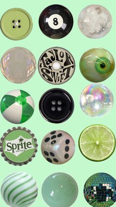 many different types of buttons on a green background