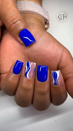 Active Nail Designs, Nail Art Designs Blue Color Combos, Blue Nailsdesign, Acrylic Nail Designs Royal Blue, Haitian Nail Designs, Blue Nails Acrylic Design, Blue Gel Manicure, Blue Short Nails Design, Short Work Nail Designs