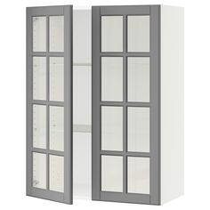 a white and gray cabinet with glass doors