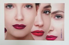 a woman's face with three different lipstick shades