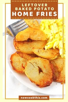 a white plate topped with fried potatoes and scrambled eggs