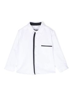 white/navy blue cotton contrasting trim classic collar long sleeves buttoned cuffs chest patch pocket curved hem front button fastening Dress With Jean Jacket, Baby Boy Accessories, Dolce And Gabbana Kids, Contrasting Trim, Boys Accessories, Stella Mccartney Kids, Suits Coats, Shirt White, Baby Sets