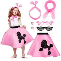 PRICES MAY VARY. Comprehensive Accessory Package: celebrate convenience with a 50s accessories for girls set that includes a poodle skirt, 2 pairs of glasses, a scarf, a headband, and a pair of ear clips; These items provide what your girl needs to create a memorable 50s inspired outfit Classic 50s Theme: bring back the charm with this 1950s outfits for girls set; The timelessly stylish skirt with poodle patterns, the cat eye shaped sunglasses are ideal standout pieces that steal the show, showi Kids 50s Costume, 50s Inspired Outfits, Girls Poodle Skirt, 50s Accessories, Poodle Skirt Outfit, 50s Theme, 50s Costume, Outfit Classic, Accessories Outfit