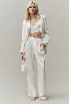 Naia™ Renew acetate, polyester Button front Machine wash Imported | Mason Satin Pants by Reformation in White, Women's, Size: 0, Polyester/Acetate at Anthropologie Classy White Pants Outfits, White Satin Pants, White Satin Outfit, Wedding Reception Outfit For Bride, Reception Outfit For Bride, Satin Outfit, Corset Pants, White Sheer Top, Wedding Reception Outfit