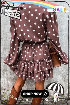 Brown Polka Dot Print Lace-up Ruffled Mini Dress Polka Dot Long Sleeve Dress With Ruffles, Polka Dot V-neck Dress With Ruffle Hem, Polka Dot Mini Dress With Ruffle Hem, Polka Dot Ruffled Mini Dress, Polka Dot Dress With Ruffle Hem For Brunch, Polka Dot Tiered Dress With Ruffles, Tiered Polka Dot Dress With Ruffles, Polka Dot Casual Mini Dress For Fall, Casual Polka Dot Mini Dress For Fall