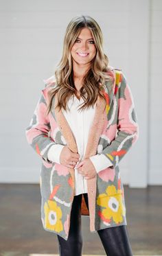 Printed button down cardigan with front pockets -unlined -non-sheer -fabric content -100% Polyester -hand wash inside out in cold water, dry flat. Thankful For You, Kimono Duster, Heeled Mules Sandals, Button Down Cardigan, Plus Size Activewear, Shoe Gifts, Cardigan Vest, Team Apparel, Sheer Fabric