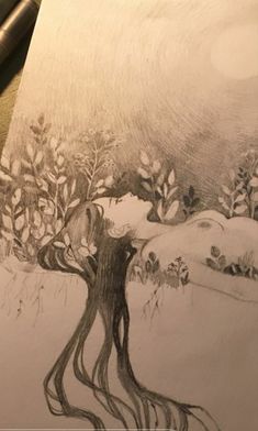 a drawing of a tree in the snow