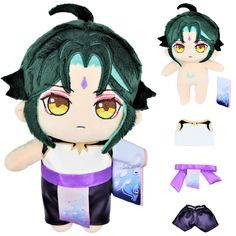 an anime doll with green hair and yellow eyes, wearing black shorts and purple shoes