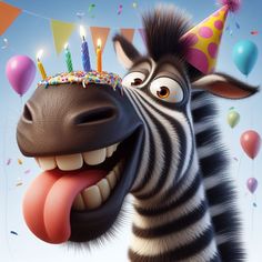 a zebra wearing a birthday hat and sticking its tongue out to blow out the candles