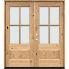 a pair of double doors with glass panels on the front and back sides, both in light wood