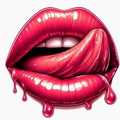 a painting of a red lip with dripping blood on it's lips and tongue