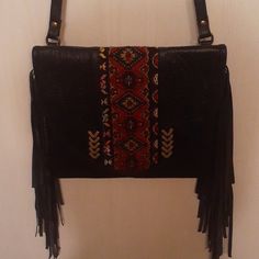 On Trend Genuine Leather Tribal Handbag With Fringe. Bags Black, Black Fringe, Source Unknown, Black Red, Genuine Leather, Black And Red, Bag Lady, Shoulder Bag, Leather